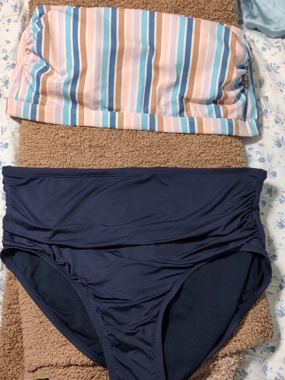 Pastel Sparkly Striped Bandeau Bikini Top with Navy Bottoms